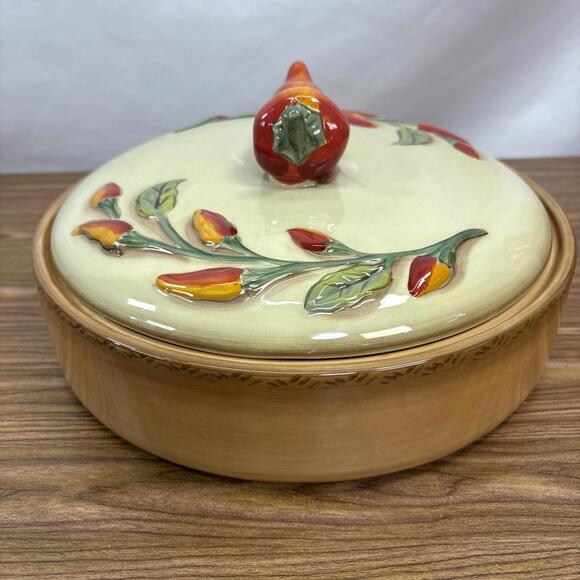 Serrano StoneLite Clay Art Pottery Tortilla Warmer Orange Red Green Brown Colors - Picture 8 of 13